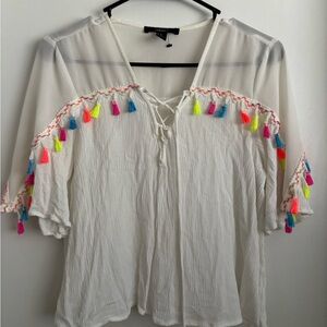Forever 21 Cream Blouse with Multicolor Tassels